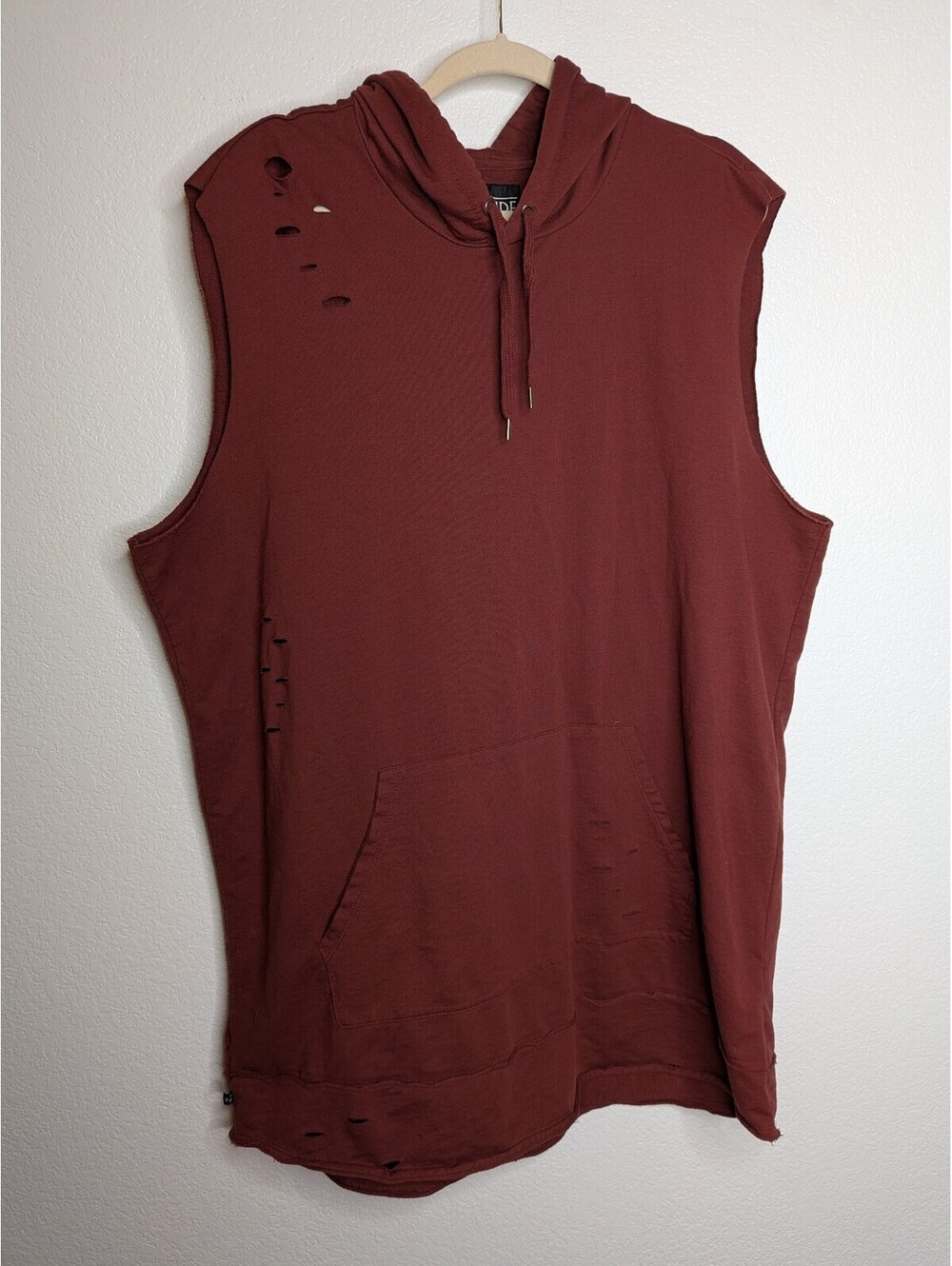 XXX RUDE Distressed Sleeveless Hoodie Muscle Sweatshirt Burgundy XXL